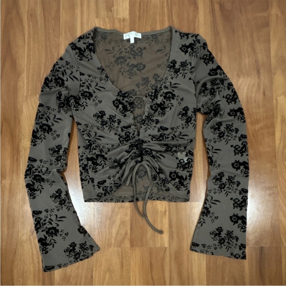 Ruched Floral Burnout Long Sleeve Top - Olive Green